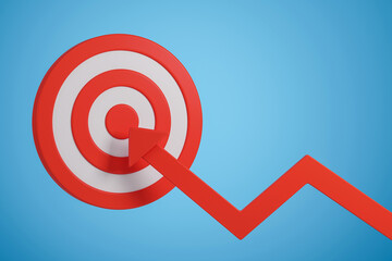 Red arrow hitting center of red and white target, minimal graphic style, on clean blue background. Concept of success, strategy, achievement. 3D Rendering © ImageFlow