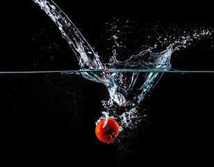 Tomato submersion, water splash, and droplets against a black backdrop
