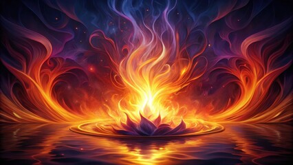 Fiery Lotus Bloom Emerging from a Celestial Sea of Swirling Flames and Cosmic Dust
