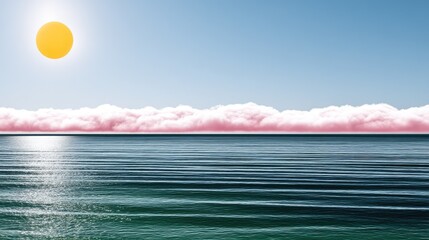 A Thick Band of Pinkish Clouds Greets the Sun Over a Rippling Ocean Horizon Under a Clear Blue Sky