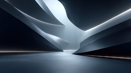 Abstract architectural space with flowing white and gray shapes illuminated by soft cool lighting creating dramatic shadows and depth with subtle warm light accents on the floor