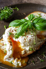 bruschetta with cottage cheese, poached egg and basil