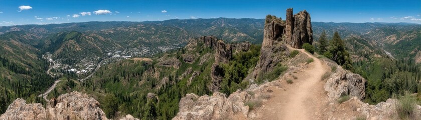 Fototapeta premium A panoramic view of rugged terrain featuring ancient ruins and a winding path, surrounded by lush hills and a clear blue sky.
