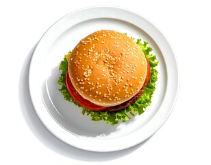 Top-down view of a classic burger on a white plate, isolated