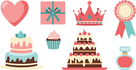 Collection of celebratory items including cakes gift box crown and perfume