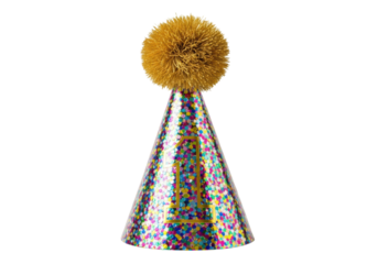 photorealistic close-up of a conical party hat, textured with iridescent confetti, a bold number '1', and a fluffy golden pom-pom, isolated on white copy space. concept of first birthday celebration