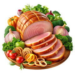 Honey glazed sliced ham with fresh vegetables shown in a detailed food presentation image