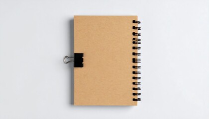 Top-down view of a small, tan spiral-bound notebook and clip