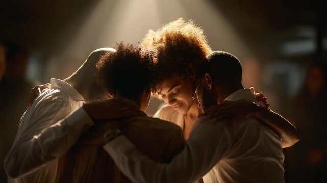 A Moment of Connection: Individuals Unite in a Heartfelt Embrace Under Ethereal Lighting, Capturing the Essence of Trust, Friendship, and Shared Emotions in an Intimate Setting