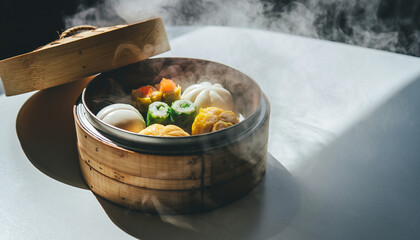 Steaming bamboo dim sum dish with dumplings and vegetables on a table with rising steam.
