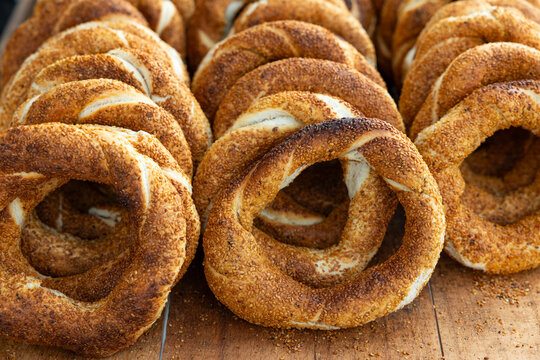 Turkish traditional sesame bagel (Simit) in Istanbul, Turkey.