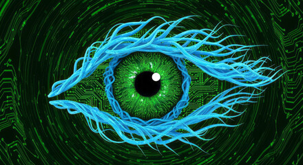 Vibrant digital eye watches cyberspace with glowing circuits