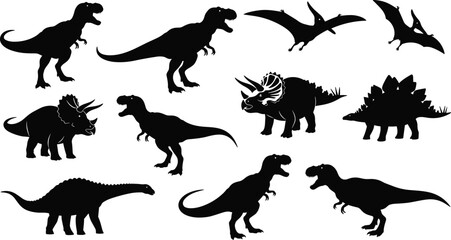 Detailed Dinosaur Silhouette Vector Collection, Prehistoric Creature Outline Set, Triceratops Horns and T-Rex Black Graphic Art
