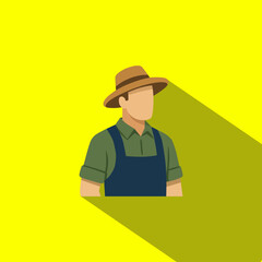 Flat illustration of a farmer wearing a hat and overalls on a bright yellow background. Minimal design with long shadow effect, agriculture theme, rural worker, farming concept.