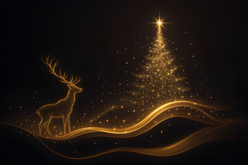 Landscape dark-charcoal background with a glowing golden Christmas tree made of dense sparkling particles. Add a silhouette reindeer outlined in soft gold dust on the left.