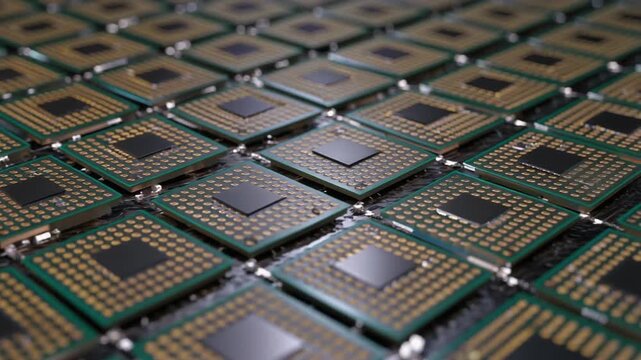 A grid of computer processors symbolizing technological advancement and digital processing power