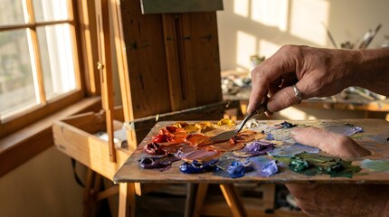 Artists Hand Mixing Paints on a Wooden Palette by a Sunlit Window.