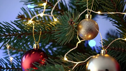 Christmas Tree Ornaments With Red Bauble and Gold Stars in Warm Lights - Powered by Adobe