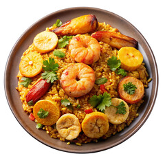 Seasoned rice with shrimp plantains vegetables and herbs shown in a vibrant appetizing image