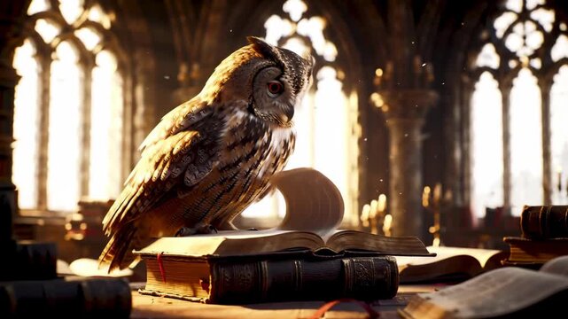 Bird perched atop stack of ancient books in ornate library setting