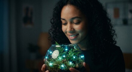 A woman with undercut hairstyle experiencing catharsis as modular terrarium projects holographic aurora patterns across her face in darkened home laboratory..