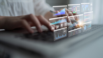 Data dashboards with graphs, charts, maps, and metrics representing global sales analysis and...