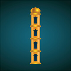 Golden Mosque Minaret Tower with Arch Windows on Dark Background