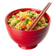 Red bowl filled with cooked noodles vegetables and chopsticks in a vibrant close up image