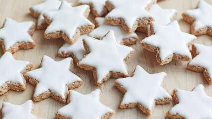 Decorative star-shaped cookies with icing on wooden surface for festive occasions with copy space