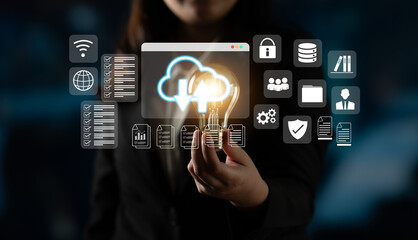 Cloud upload and download icon with surrounding data management, security, and analytics icons in digital interface Parse