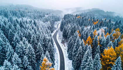 Winter Road Through Forest
