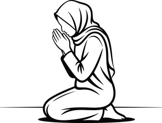 Obraz premium Muslim woman praying icon vector illustration of islamic prayer salah kneeling in worship with hands clasped