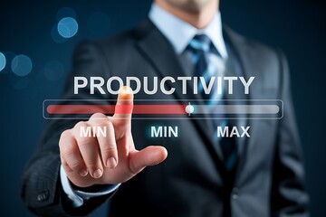 Businessman touches screen displaying productivity progress bar