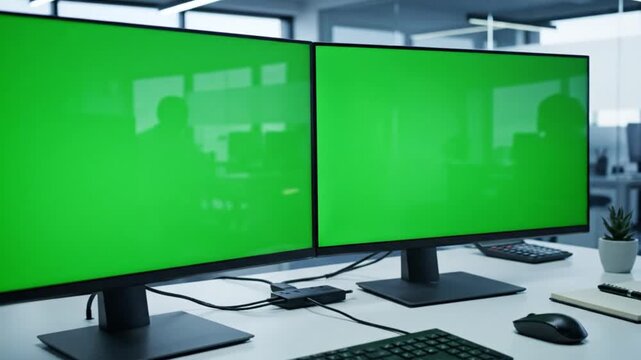 Two monitors with green screens on a desk in an office