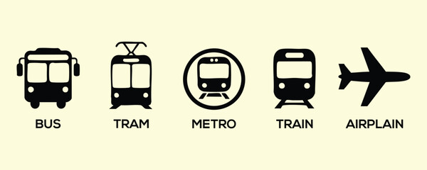 Public Transportation Icons Vector Set, Bus, Tram, Metro, Train, and Airplane Icons, Travel and Transport Symbol Collection, Mass Transit Vehicle Pictograms, Black and White Transportation .
