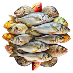 Assorted fresh fish stacked in a colorful arrangement with rich natural textures image