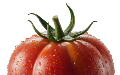 tomato, red, fresh, water, drop, vegetable, food, organic, healthy, wet, ripe, macro, close, up, green, stem, leaf, isolated, background, white, nature, natural, ingredient, raw, diet, vitamin.