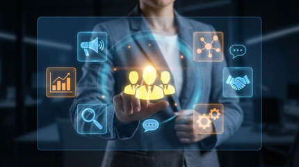 Digital Interface Business: A business woman interacts with a futuristic digital interface, showcasing data-driven insights and a vision of innovation.