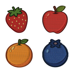 Cute Embroidered Fruit Icons Set, Strawberry, Apple, Orange, Blueberry