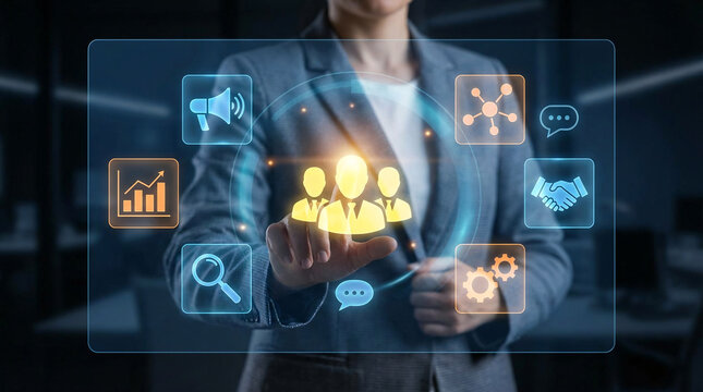 Digital Interface Business: A business woman interacts with a futuristic digital interface, showcasing data-driven insights and a vision of innovation. - Powered by Adobe