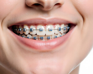 Obraz premium Smiling woman with ceramic braces and healthy teeth representing International Dentist Day 