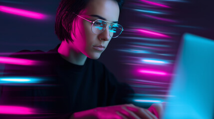 A focused individual working on a laptop surrounded by vibrant neon streaks creating a futuristic digital atmosphere.
