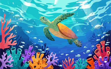 Fototapeta premium Serene vector illustration of a green sea turtle gliding above a vibrant coral reef with dappled sunlight, colorful corals, and silver fish in tranquil blue water