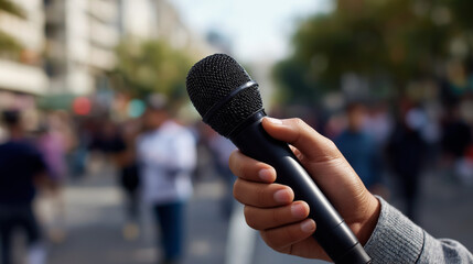 A handheld microphone pointed toward a blurred city crowd during an outdoor public event.
