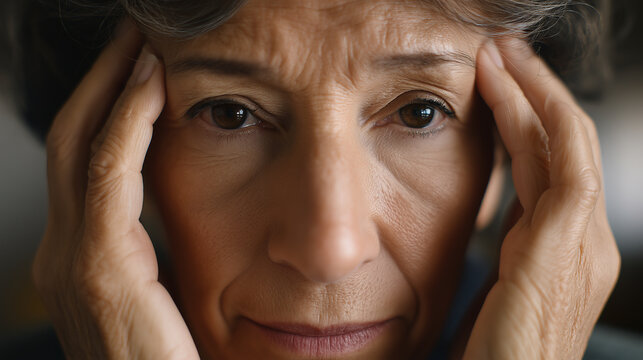 An elderly woman touching her temples with a thoughtful, slightly strained expression in a close-up portrait.
 - Powered by Adobe