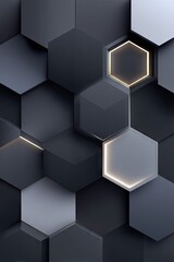 Fototapeta premium Abstract Dark Geometric Background Featuring 3D Hexagonal Tiles With Glowing Golden Accents And Subtle Light Effects Creating A Modern Futuristic Design