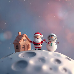 Fantasy space holidaybackground depicts joyful celebration. Santa and friendly snowman stand happily on moon surface, extending warm greeting.Cute 3d christmas miniature