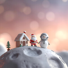 Miniature Christmas scene with festive holiday background. fantasy space adventure unfolds for Santa and snowman celebrating on moon creating whimsical greeting. Cute 3d 