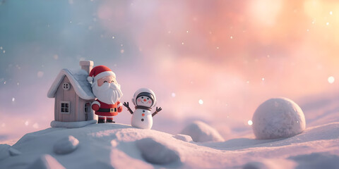 Christmas miniature showcases Santa Claus and happy snowman near small house, set against fantasy holiday background. Festive celebration offers heartfelt greeting amid snow, Cute 3d 