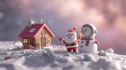 Cute 3d miniature Christmas fantasy scene unfolds with cheerful Santa and snowman near festive gingerbread house. Magical space holiday background sets joyful celebration greeting